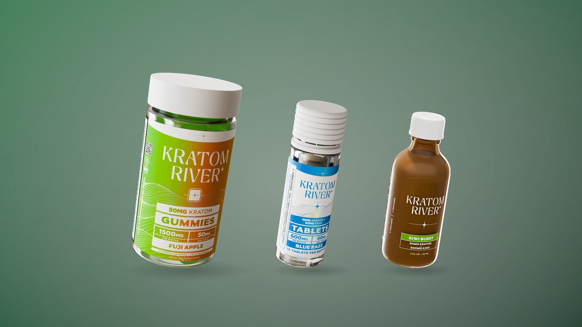 A jar of Kratom River gummies, a tube of Kratom River tablets and a Kratom River shot